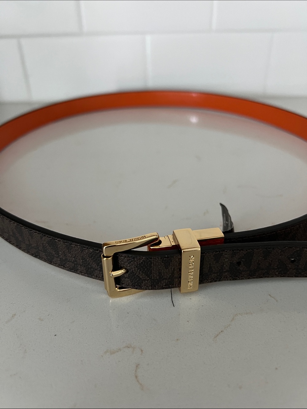 Michael Kors Brown Logo Slim Belt with Gold Buckle